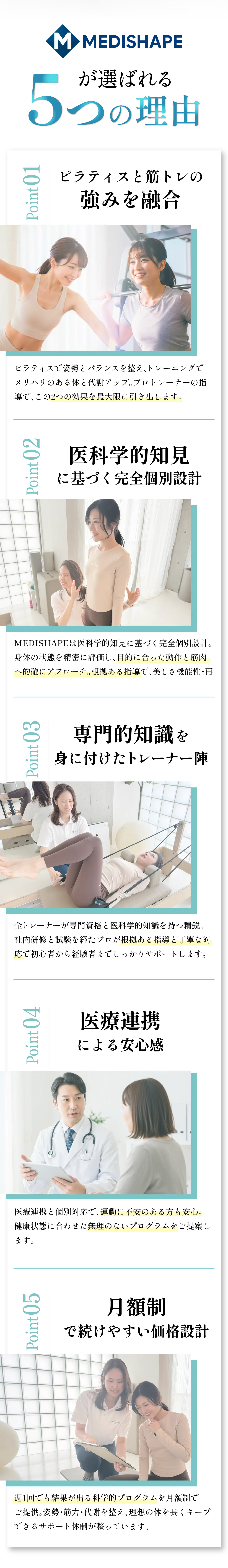 5つの理由。Reason01: ピラティスと筋トレの強みを融合。Reason02: 医科学的知見に基づく完全個別設計。Reason03: 専門的知識を身に付けたトレーナー陣。Reason04: 医療連携による安心感。Reason05: 月額制で続けやすい価格設計