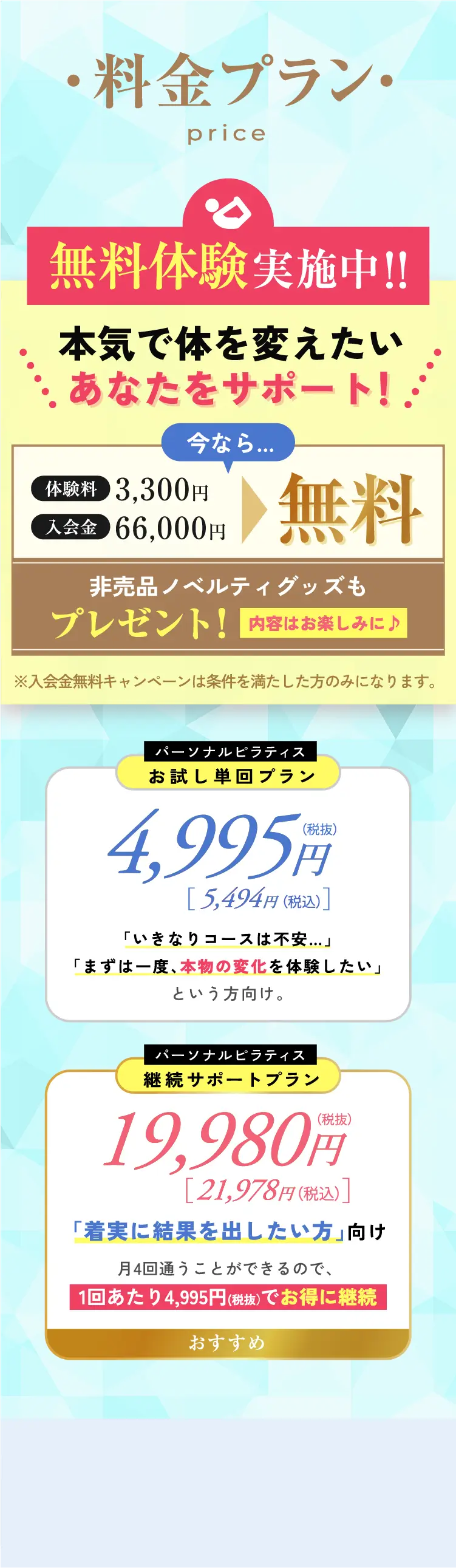 料金プラン 無料体験実施中！！ 本気で体を変えたいあなたをサポート！ 今なら体験料 3,300円、入会金 66,000円が無料 非売品ノベルティグッズもプレゼント！ パーソナルピラティス お試し単回プラン 4,995円(税抜) 継続サポートプラン 19,980円(税抜) 1回あたり4,995円(税抜)でお得に継続