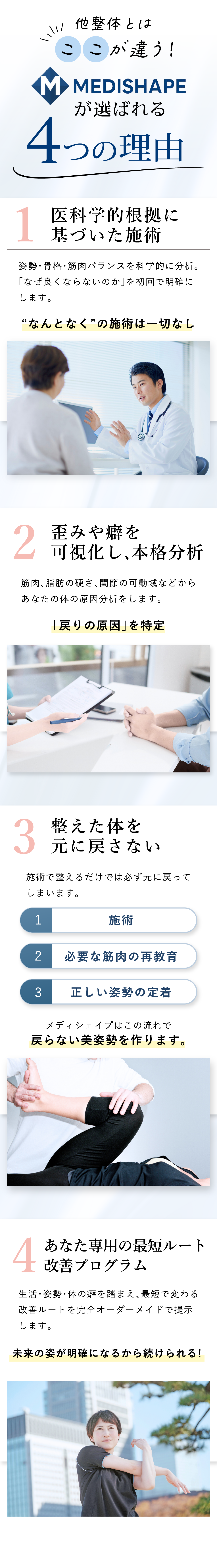 MEDISHAPE（メディシェイプ）が選ばれる4つの理由。1.医科学的根拠に基づいた施術（姿勢・骨格・筋肉バランスを科学的に分析、なぜそうなったのかを必ず理解します）。2.歪みや痛みを可視化した本格分析（戻りの原因を特定）。3.整えた体を元に戻さない（施術、必要な筋肉の再教育、正しい姿勢の定着でメディシェイプだけの手法で戻らない姿勢勢を作ります）。4.あなた専用の最短ルート改善プログラム（未来の姿が明確になるから続けられる！）