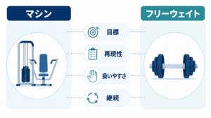 マシンとフリーウェイトを4つの判断軸で比較する図解