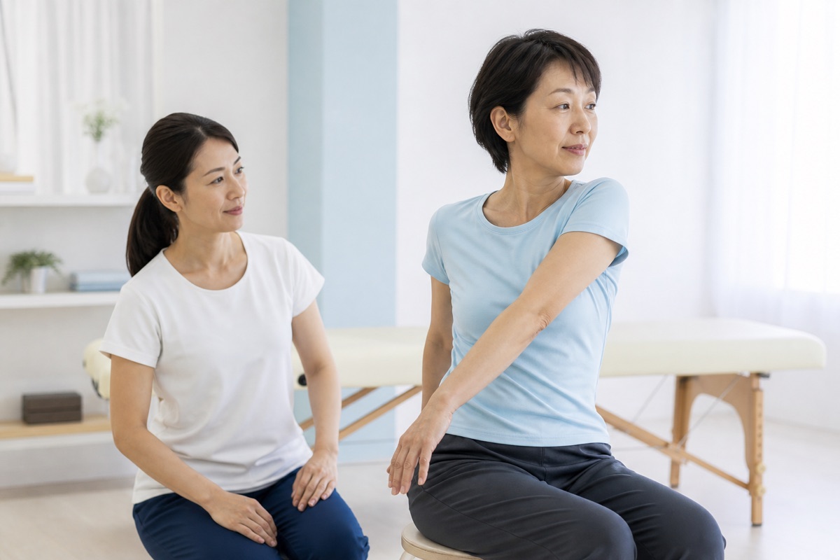 座位で体幹の動きを評価する女性