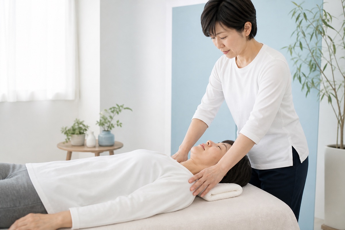 肩まわりの手技を受ける女性