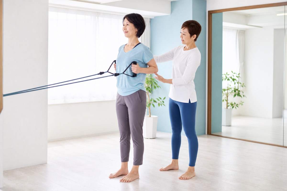 バンド運動で姿勢を練習する女性