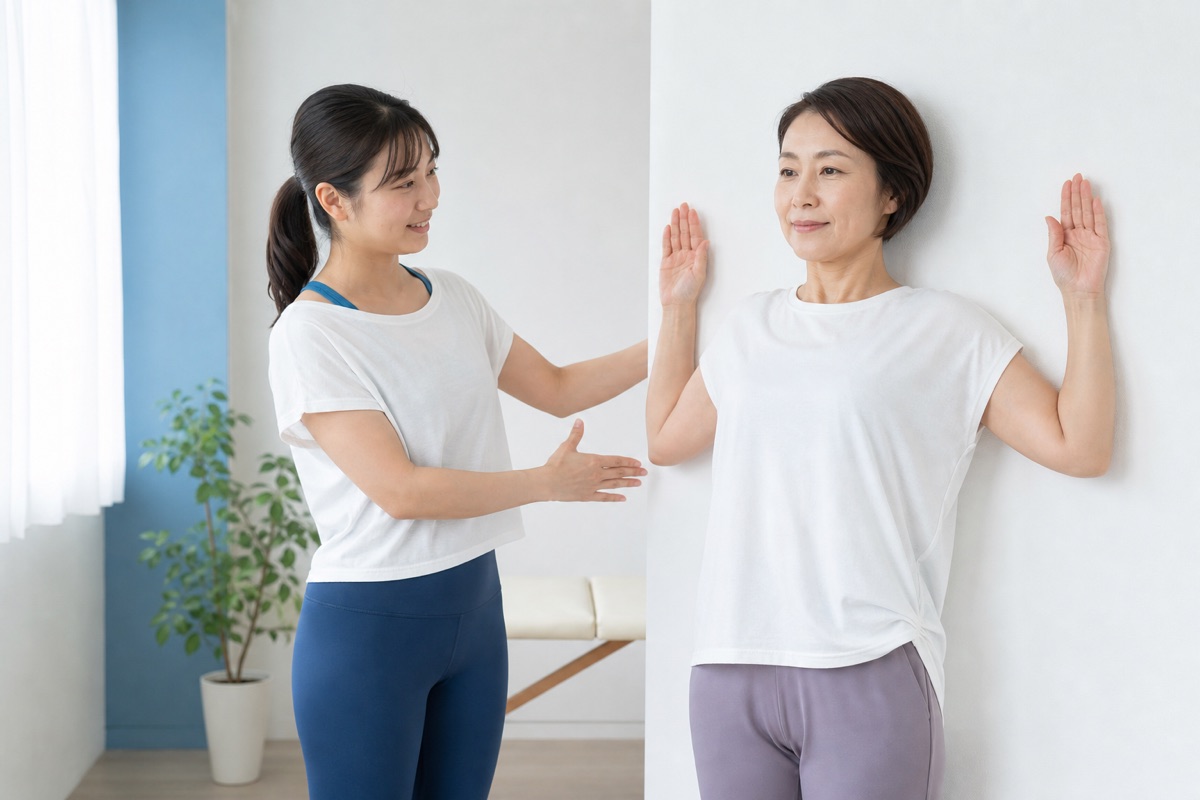 壁を使ったセルフケアを学ぶ女性