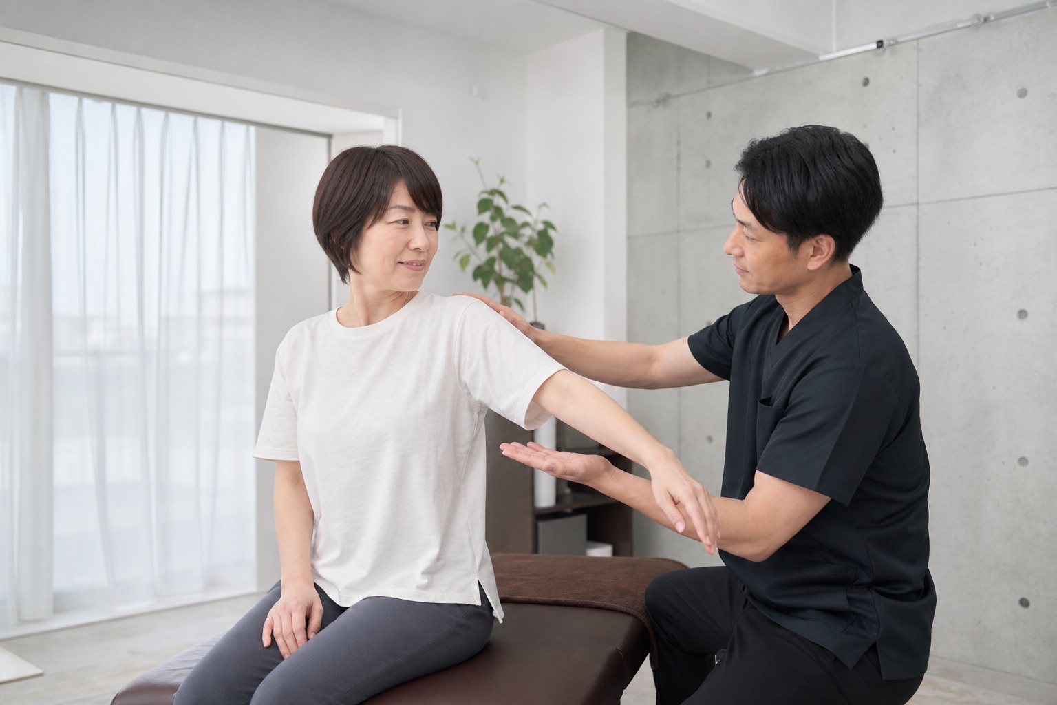 施術前に肩の動きと希望する強さを確認する女性