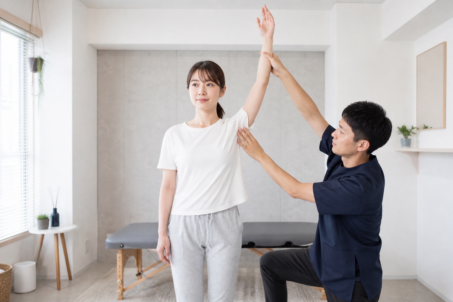 施術後に腕の動きを確認する女性