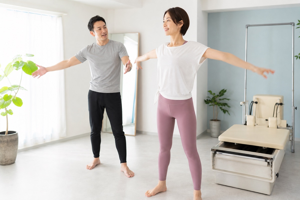 腕を動かす動的ストレッチを行う女性
