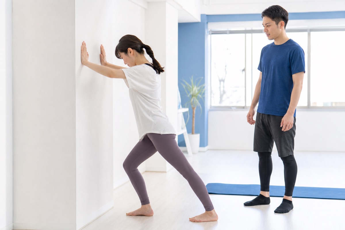 壁を使ってふくらはぎを伸ばす女性