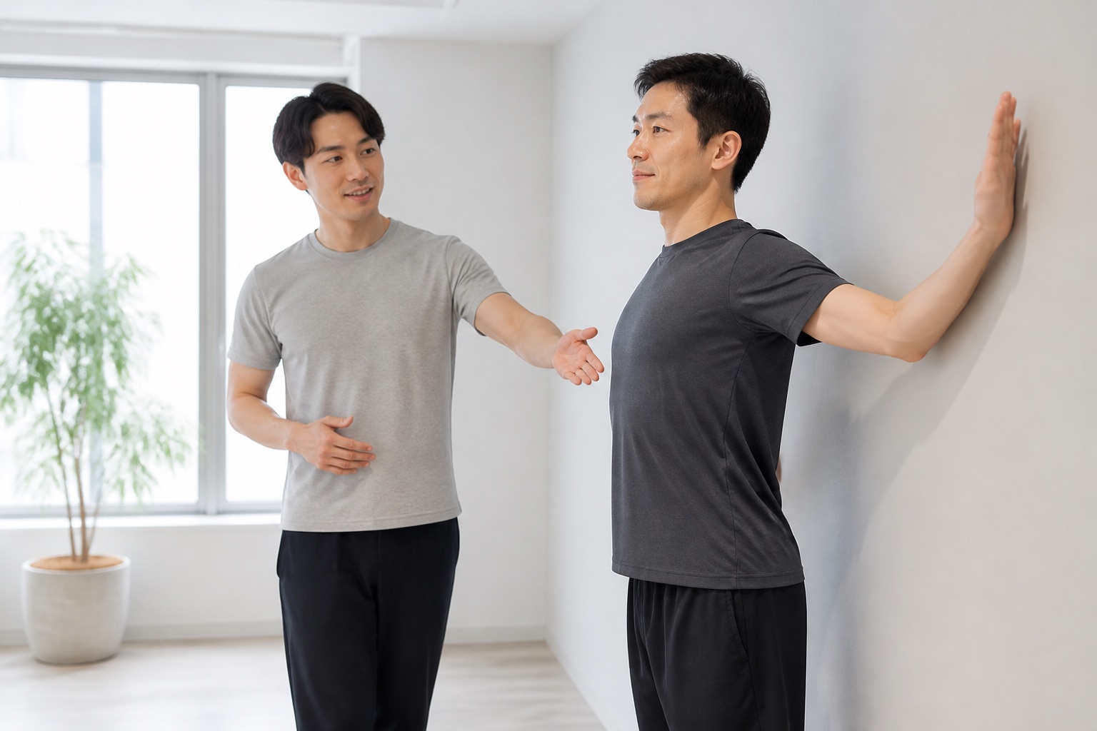 壁を使って胸まわりを伸ばす男性