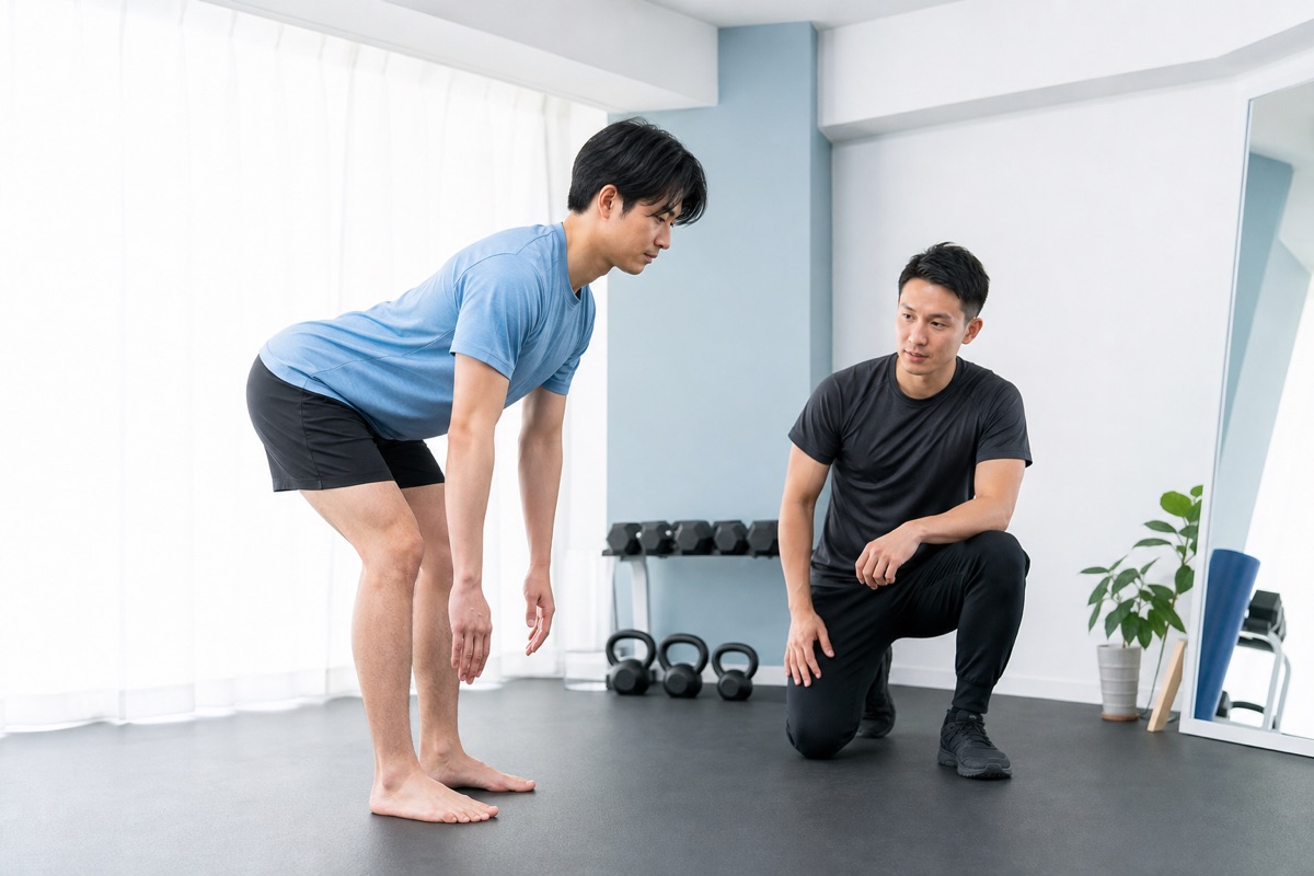 ヒップヒンジのフォームを確認する男性