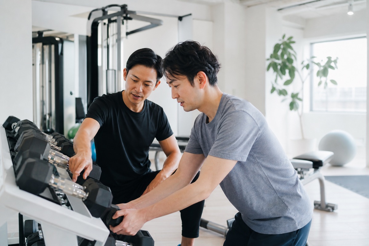 トレーニングで使う重量を相談する男性