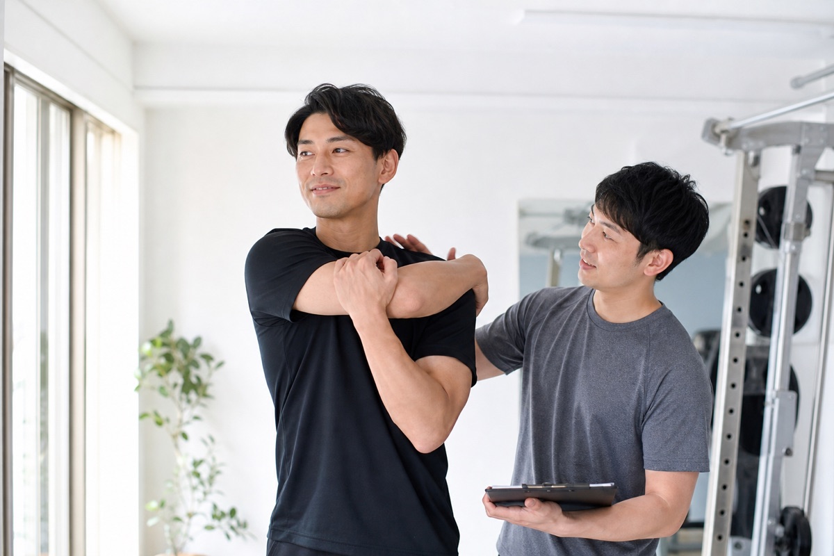 肩の動きと回復状態を確認する男性