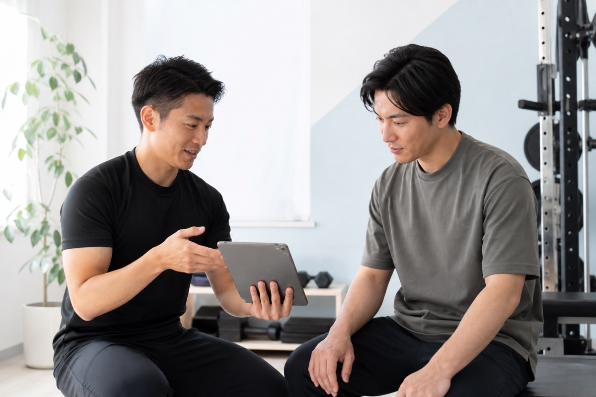 タブレットでトレーニング計画を振り返る男性