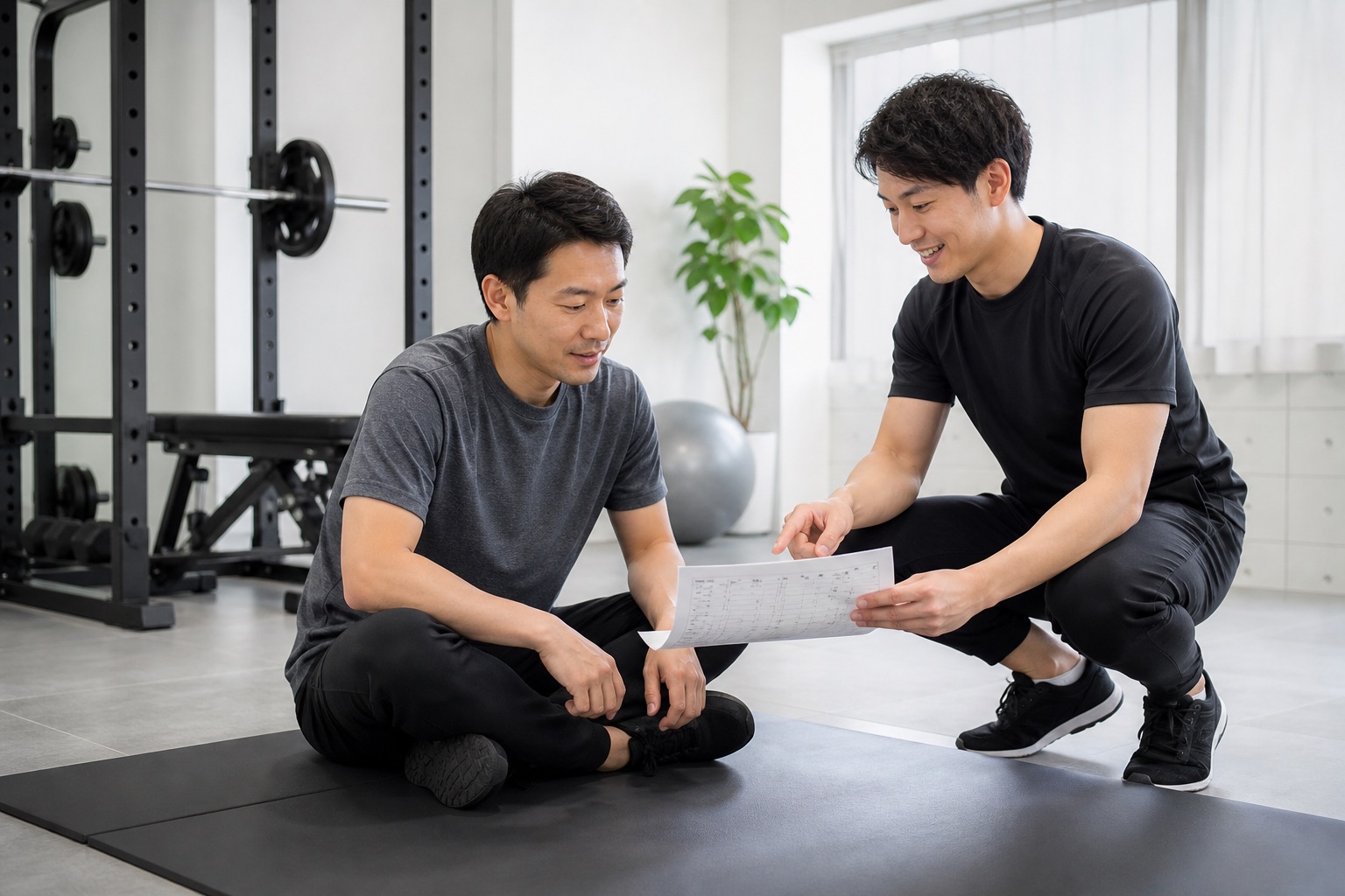 セット数と回数の記録を確認する男性