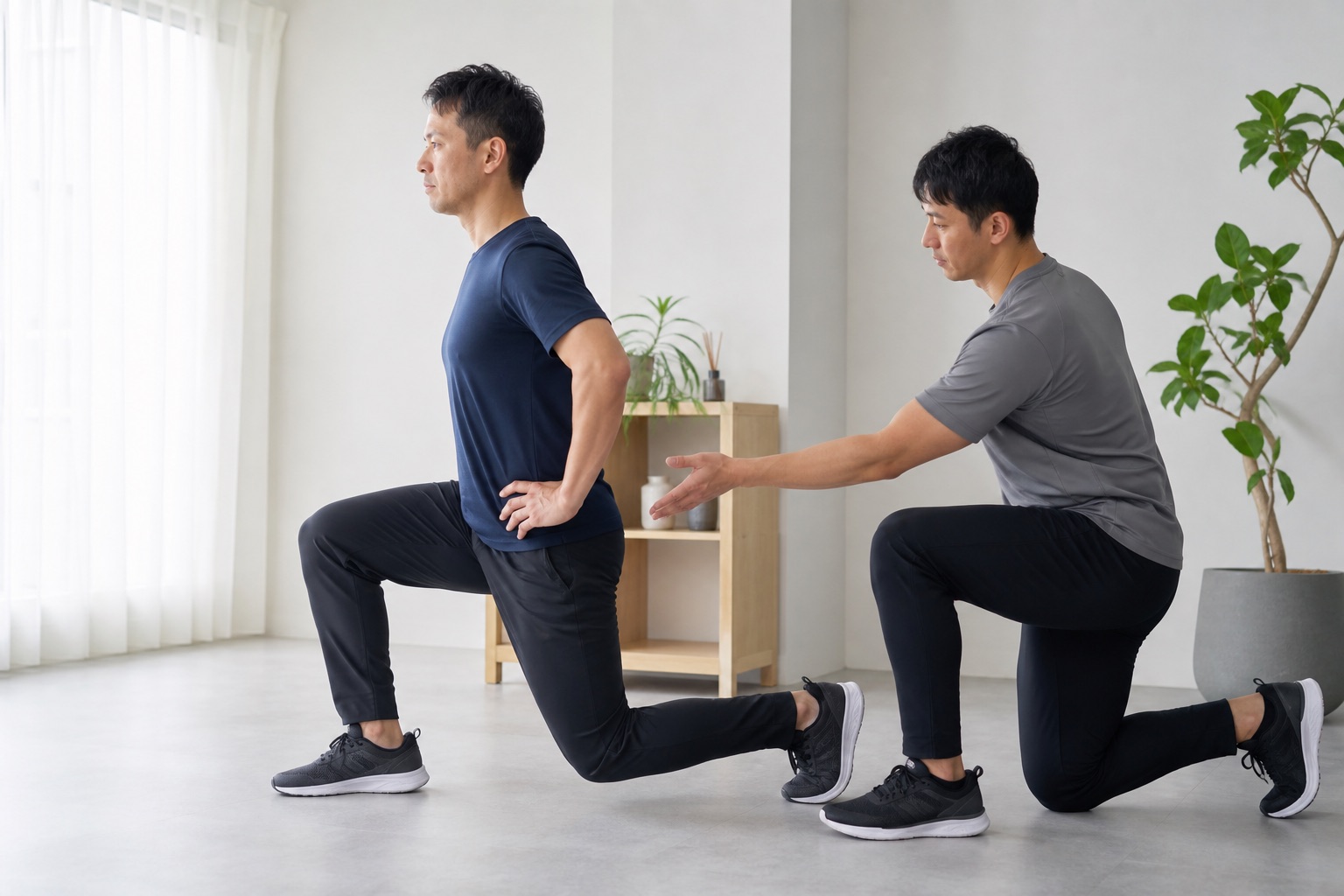 自重のスプリットスクワットを行う男性
