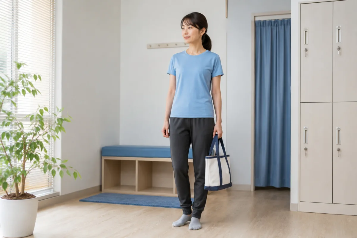 整体を受ける際のTシャツと伸縮性のあるパンツの服装例