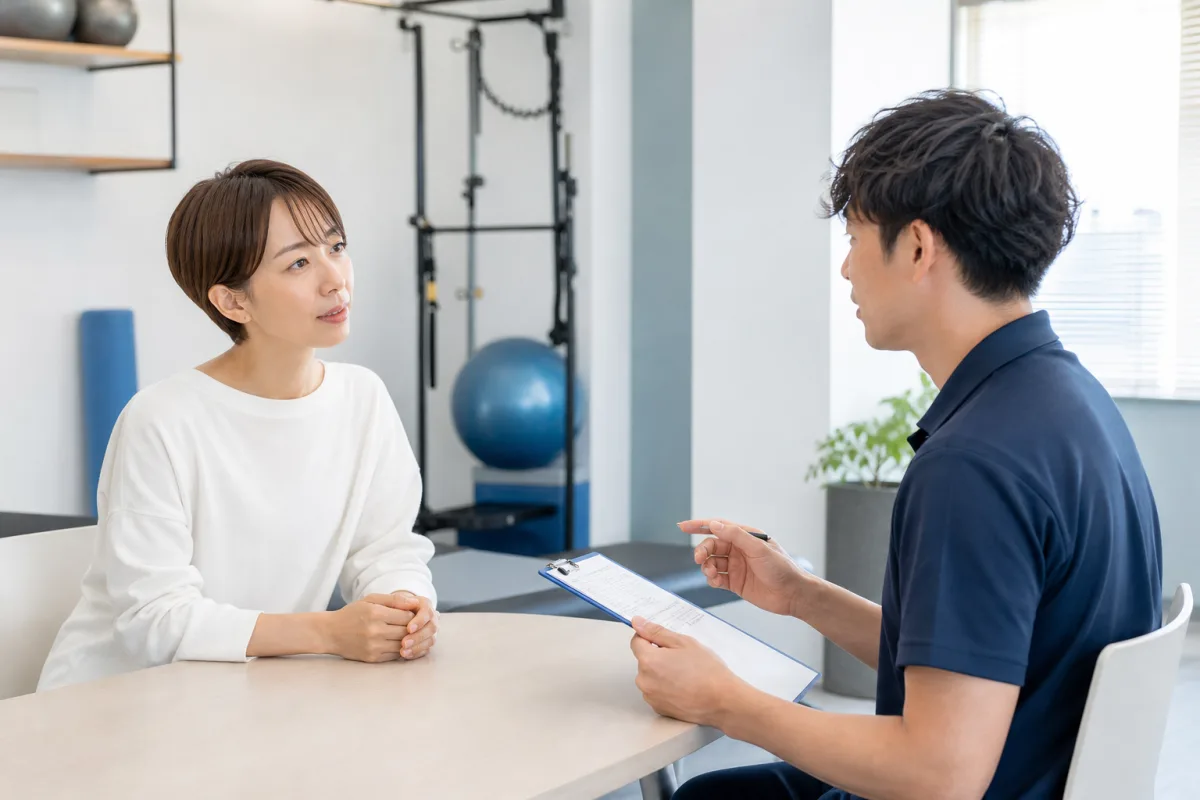 整体の初回カウンセリングで体の悩みや希望を伝えるイメージ