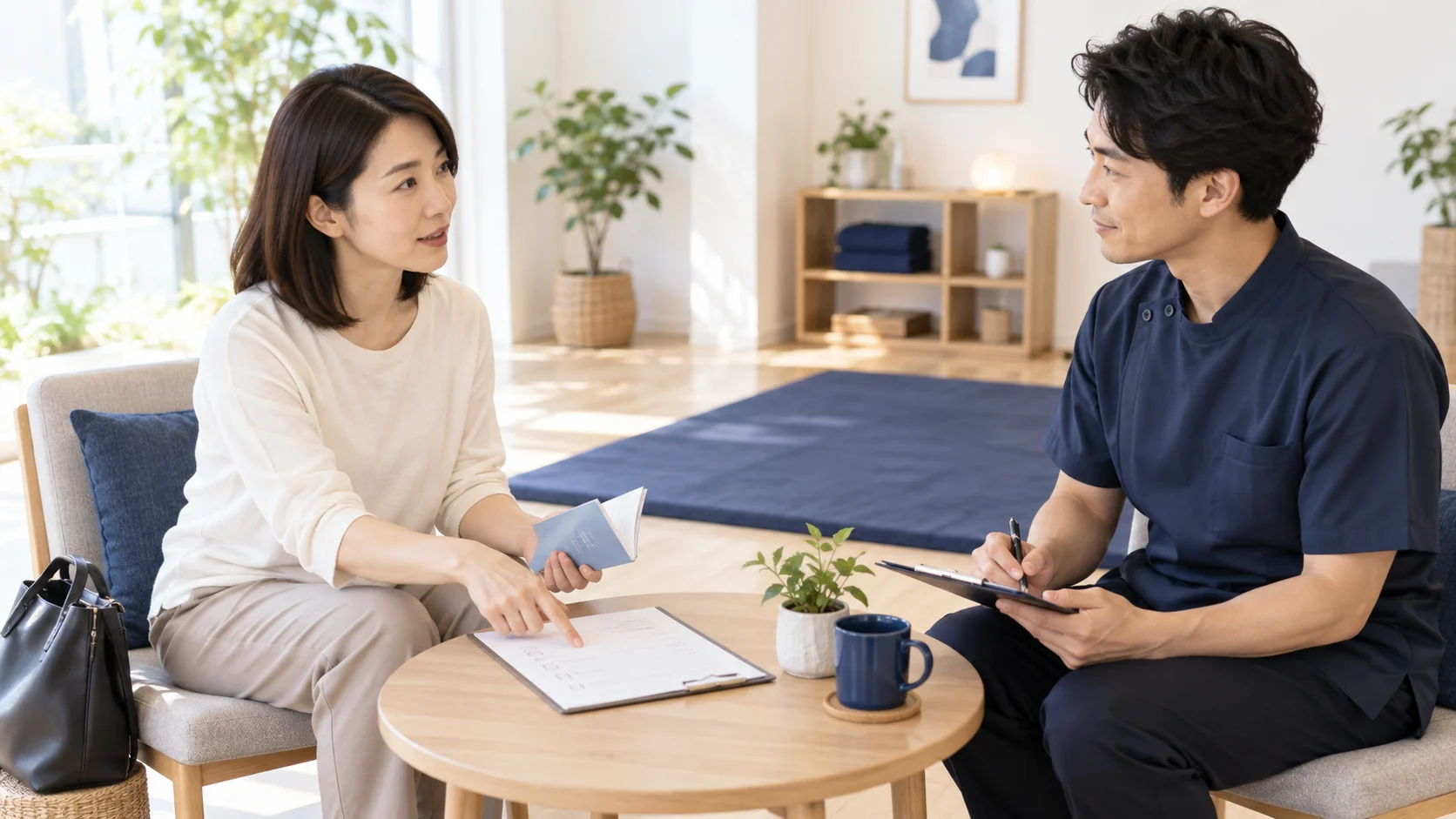 整体前に服薬情報と体調を担当者へ共有する写真