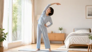 朝の自然光の中で穏やかな側屈ストレッチを行う生成イメージ写真
