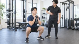 ダンベルスクワットで呼吸を確認する利用者とトレーナーの写真