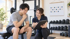 トレーナーと筋力トレーニングの週間計画を確認する写真