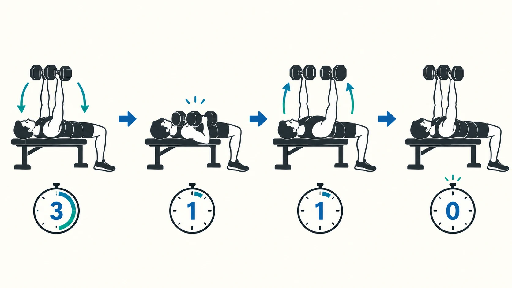 筋トレの下ろす止める上げる停止のテンポ表記を説明する図解
