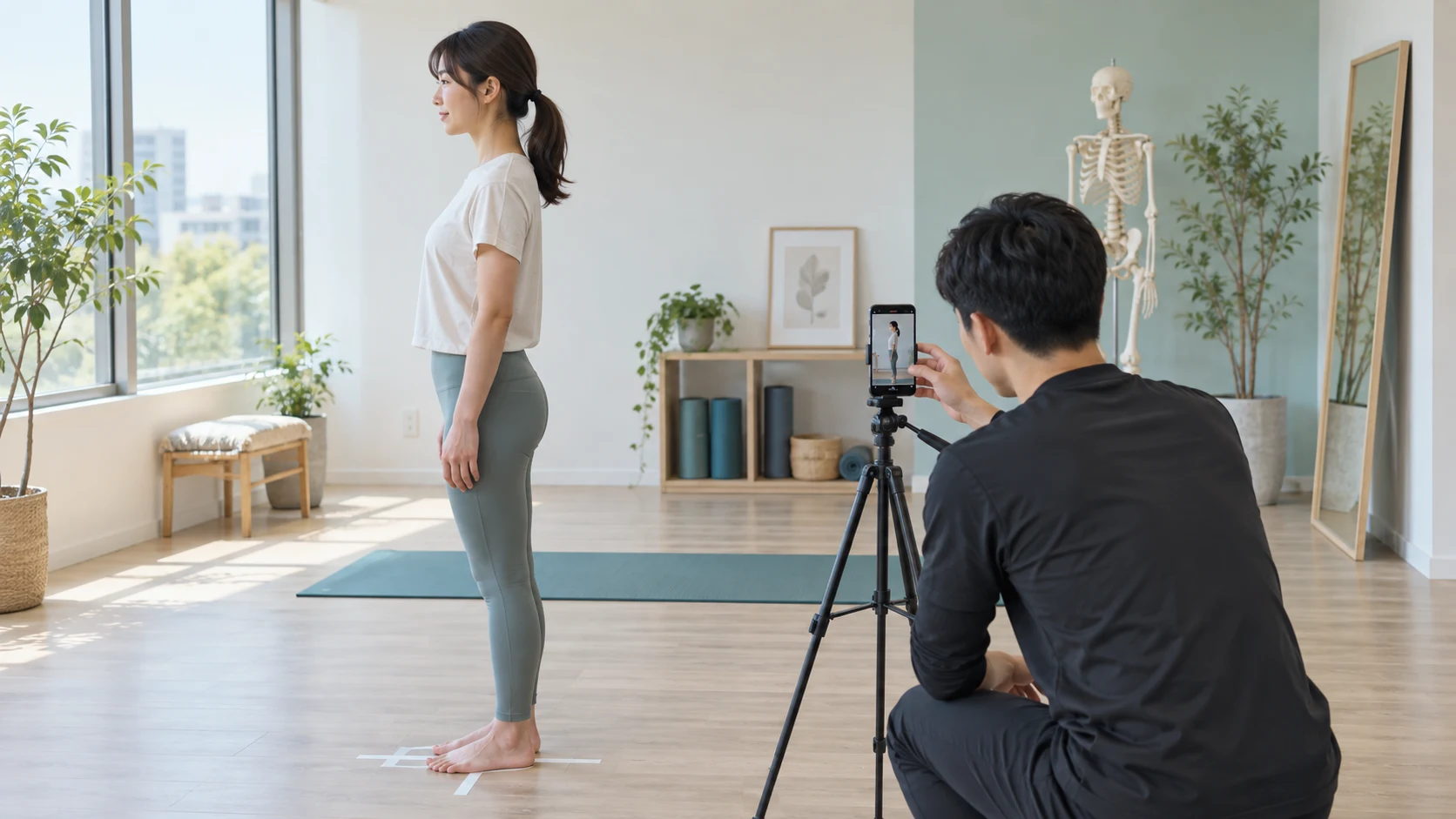 同じ立ち位置とカメラ高さで横向きの姿勢を撮影する写真