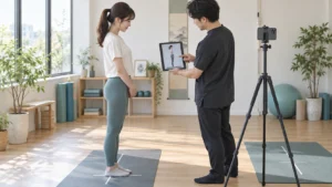 床のマットを使う整体で姿勢写真の撮影条件を利用者と確認する写真
