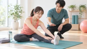 運動後に床のマット上で痛みのない範囲のストレッチを行う利用者と担当者の写真