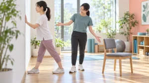 壁に手を添える立位と椅子の座位から安全な姿勢を選ぶ利用者と担当者の写真