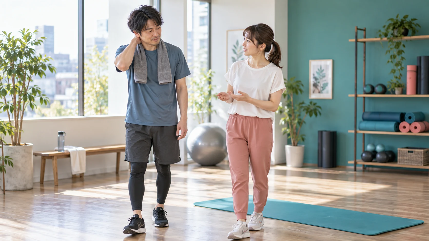 軽く歩いた後に筋肉痛の程度と日常動作を確認する写真