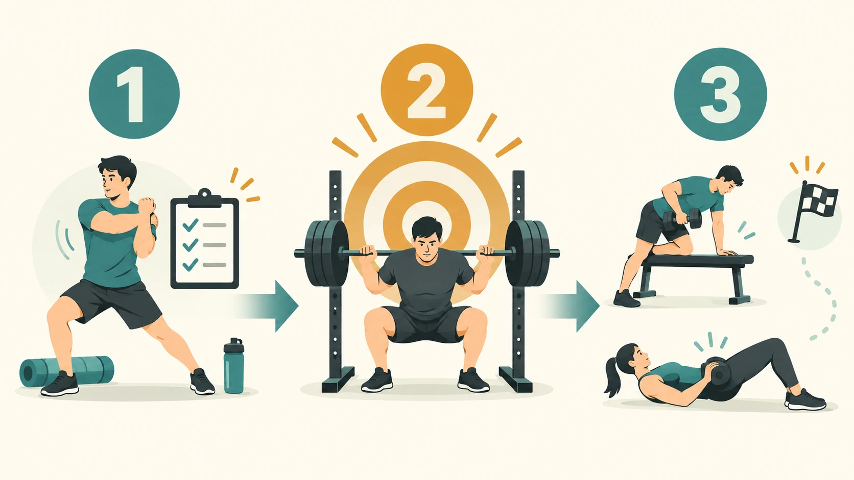 準備と優先種目と補助種目の三段階で筋トレの順番を決める図解